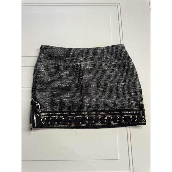English Rose Beaded Grommet Hem Side Zip Tweed Mini Skirt Black Gold Small - Picture 7 of 7